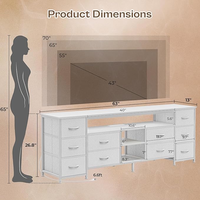Huuger 63 Inch LED TV Stand Dresser with Power Outlets, USB-C Port and LED Lights, 10 Fabric Drawer Dresser for Bedroom, Long Entertainment Center for 65, 70 Inch TV, Open Shelves, PU Leather, White