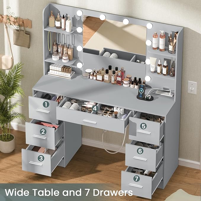 Quimoo Large Vanity Desk with LED Lighted Mirror & Power Outlet,Makeup Vanity Table with 7 Drawers,4 Shelves and 5 Hooks,Vanity Table, Vanity Desk Set for Bedroom,Bathroom,Grey