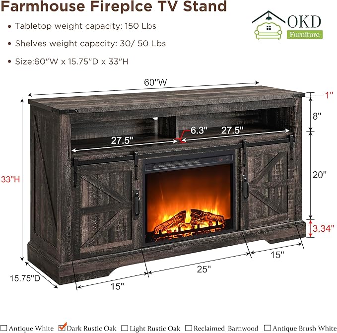OKD Fireplace TV Stand for 65+ Inch TV, 33" Tall Highboy Farmhouse Entertainment Center w/ 23'' Electric Fireplace, Rustic Media Console w/Sliding Barn Door for Living Room, Dark Rustic Oak