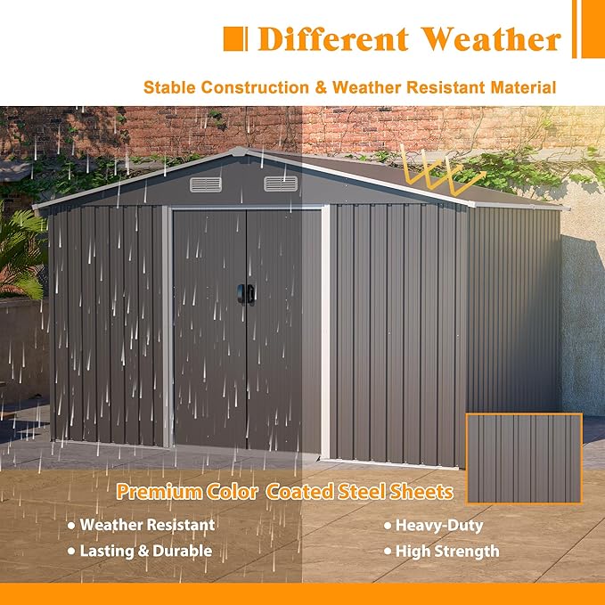 10x8 FT Sheds & Outdoor Storage Garden Metal Shed with Floor Included Lockable Sliding Door and Air Vents Foundation Steel Shed with Air Vents Waterproof Roof Ideal for Backyard Patio Lawn Dark Gray