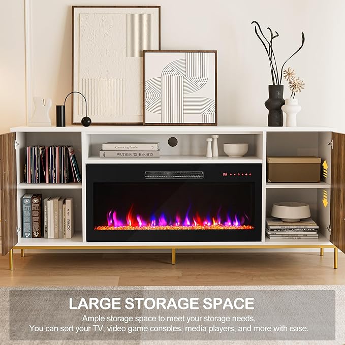 BELLEZE 68" Wood TV Stand with 36" Electric Fireplace, Entertainment Center with Storage Cabinet, Console Table for TVs up to 75 Inches, for Living Room, Bedroom - Harper (White Ebony)