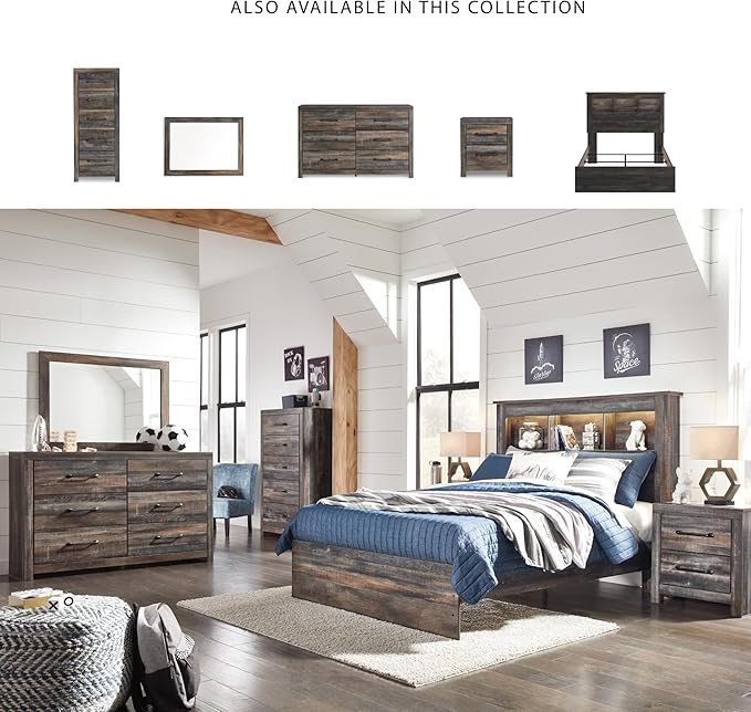 Signature Design by Ashley Drystan Rustic Full Bookcase Bed with Open Cubbies and LED Lights, Foundation or Box Spring Needed, Dark Brown & Gray