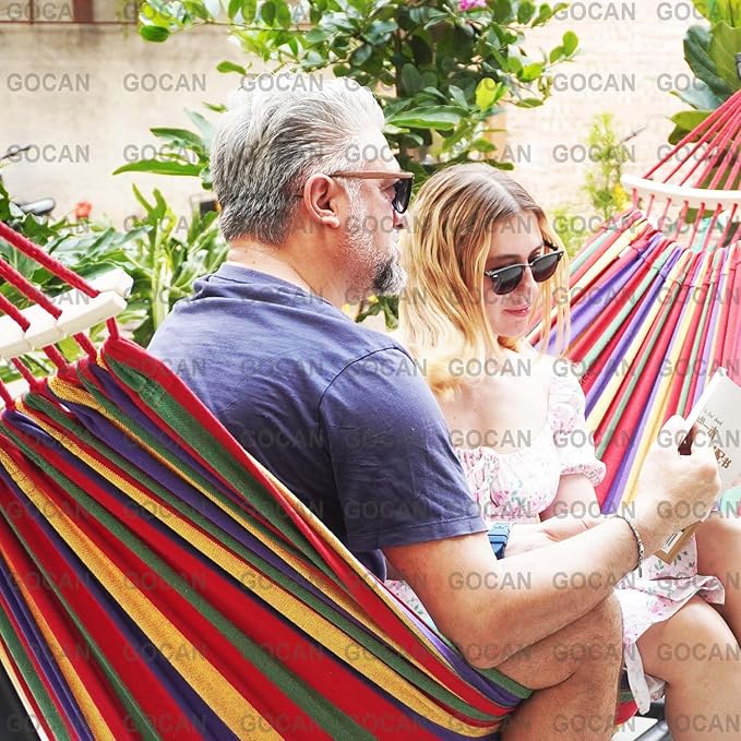 Double Hammock 2 Person Extra Large 220x160cm Total Length 330cm Load 500lb Canvas Cotton Hammock for Patio Porch Garden Backyard Lounging Outdoor and Indoor with Removable Spreader bar