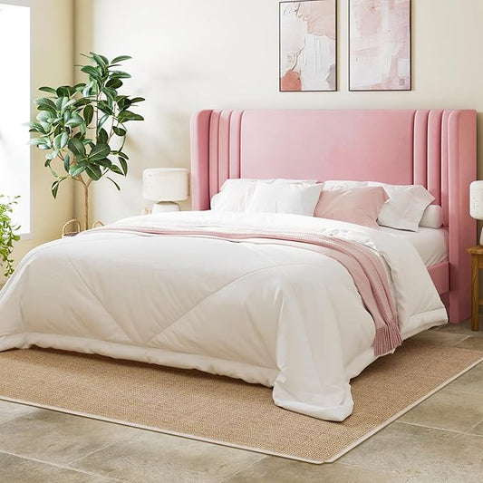 Allewie Queen Size Velvet Platform Bed Frame with Vertical Tufted Wingback Headboard, Easy Assembly, Under Bed Storage, No Box Spring Required, Modern Style, Pink