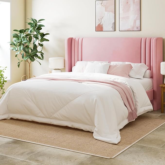 Allewie Full Size Velvet Platform Bed Frame with Vertical Tufted Wingback Headboard, Easy Assembly, Under Bed Storage, No Box Spring Required, Modern Style, Pink