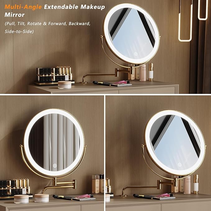 Vanity Desk with Adjustable Mirror and Lights, Makeup Desk with Drawers and Chair, Dressing Table Set with Leather Surface, Small Vanity Table for Bedroom, 3 Lighting Modes (Cappuccino)