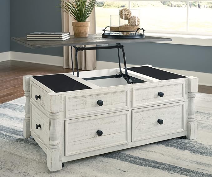 Signature Design by Ashley Havalance Farmhouse Lift Top Coffee Table with 4 Storage Drawers and Small Storage Tray, Whitewash