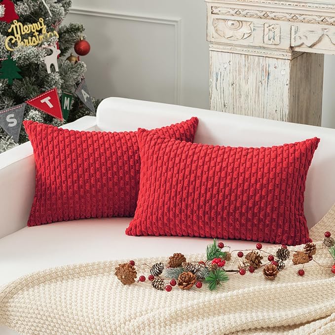 Kevin Textile Pack of 2 Corduroy Decorative Throw Pillow Covers 12x20 Inch Soft Boho Striped Christmas Pillow Covers Modern Farmhouse Home Decor for Sofa Living Room Couch Bed Red