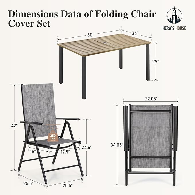 HERA'S HOUSE 7-Piece Outdoor Dining Set for 6, 60" Weather-Resistant Metal Patio Table with 6 Foldable Grey Chairs, Perfect for Garden, Backyard, Porch & Lawn (Space-Saving Design)