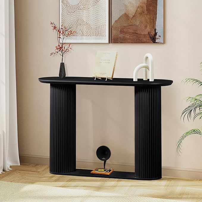 Fluted Console Table, Farmhouse Entryway Table with Storage and Fluted Wood Legs, Narrow Sofa Table Small Long Entry Table for Entrance, Hallway, Living Room (Black)