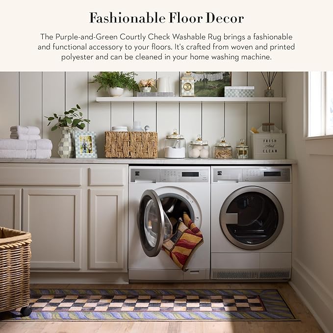 MACKENZIE-CHILDS Washable Rug, Decorative Indoor Rug, 2' x 3', Purple-and-Green Courtly Check