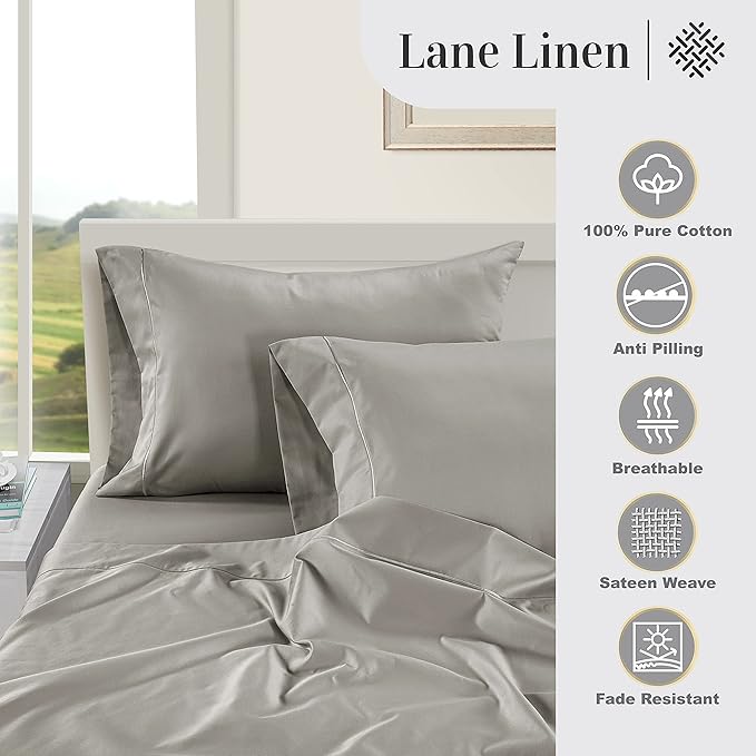 LANE LINEN Pillow Case Covers King Set of 2 100% Egyptian Cotton Sateen Soft Cool & Smooth 1000 Thread Count Cases - Silver