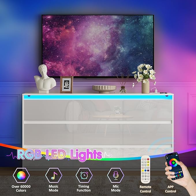 White TV Stand for Bedroom, Storage Cabinet with 9 Drawers Modern Large High Gloss Cabinet for Living Room Office (63" W)