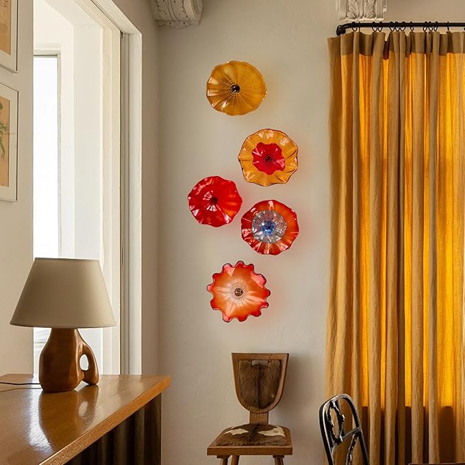 Hand Blown Glass Plate Wall Decor, Modern Unique Glass Wall Art, Lotus Leaf Wall Plate Shape Wall Sconce with Transparent and Easy to Clean for Staircase, Living Room, Kitchen, Hallway (Orange-1)