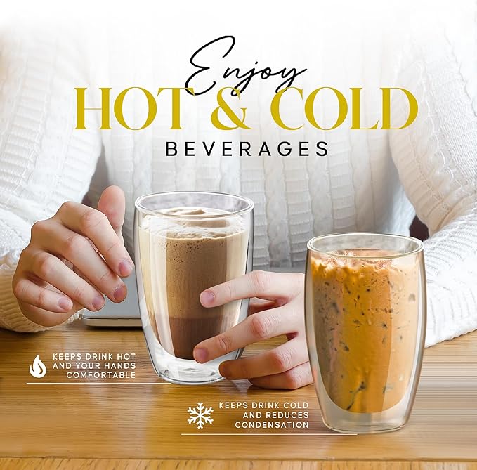 Kitchables Double Walled Glass Coffee Mugs Set of 2,12oz - Insulated Clear Coffee Mug for Cappuccino, Latte, Tea, Espresso - Latte cup - Tazas Para Cafe