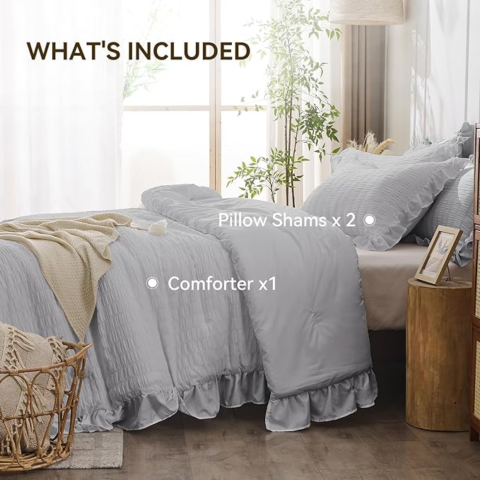 JOLLYVOGUE Light Grey King Comforter Set, 3 Pieces Seersucker Comforters King Size, Lightweight & Fluffy Bedding Sets King for All Season with 1 Ruffle Comforter and 2 Ruffle Pillowshams