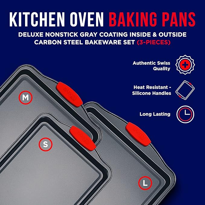 BAKKEN Kitchen Baking Pans - 15.15 x 10.03" Medium Nonstick Sheet, Durable Carbon Steel Cookie Sheet with Red Silicone Handles, PFOA, PFOS, PTFE Free, Oven Safe Tray (Up To 450°F), Set of 1