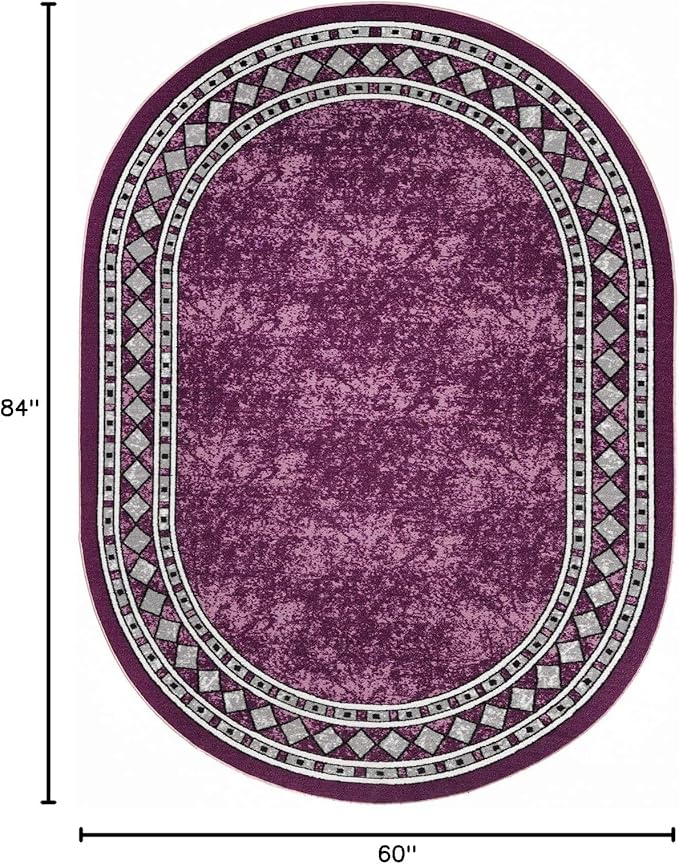 Antep Rugs Alfombras Modern Bordered 5x7 Non-Skid (Non-Slip) Low Profile Pile Rubber Backing Indoor Area Rugs (Purple, 5' x 7' Oval)