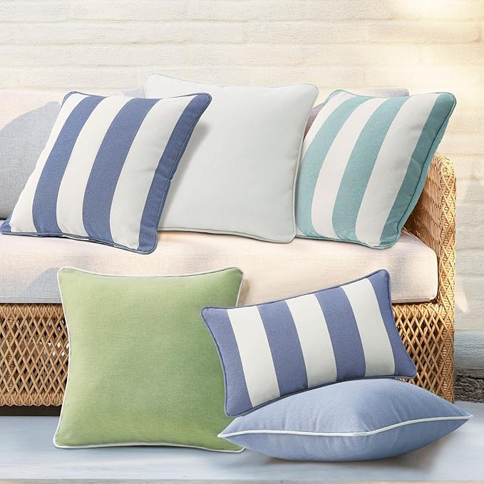 Decorative Outdoor Water Repellent Throw Pillows with Inserts, Set of 4, 18" x18" Pillows for Patio, Backyard, Bed, Couch, and Patio Furniture, Navy Stripe
