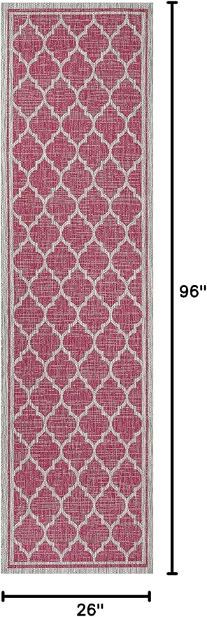 Eyely BMS109H-28 Santa Monica Trebol Moroccan Trellis Textured Weave Indoor/Outdoor Runner Rug Coastal;Bohemian, Bedroom, Backyard, Patio, Easy-Cleaning, Non-Shedding, 2 X 8, Fuchsia/Light Gray