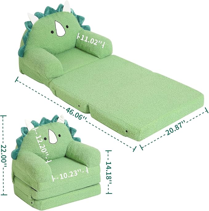 Foldable Kids Sofa, Triceratops Toddler Couch With Tri Folding Foam Cushions, Comfy Couch for Ages 18 Months and Up