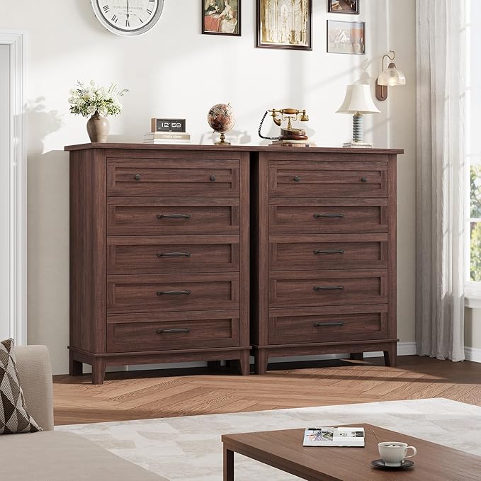 GarveeHome 5 Dresser for Bedroom, 41.3" Tall Vertical Drawer Dresser with Large Storage, Freestanding Wooden Closet Chest for Bedroom, Living Room, Walunt