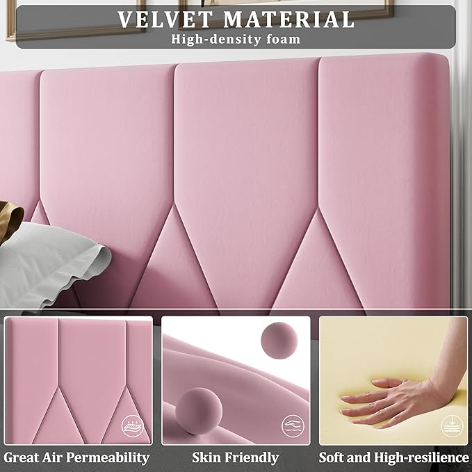 Queen Size Bed Frame, Platform Bed Frame with Velvet Upholstered Headboard, Queen Upholstered Mattress Foundation with Strong Wooden Slats, No Box Spring Needed, Noise Free, Easy Assembly