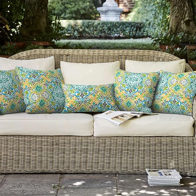 LVTXIII Outdoor/Indoor Throw Pillows, Decorative Patio Accent Pillows, Fluffy Water Repellent Garden Cushions for Home Patio Coach Sofa Use, 20×20 Inch, Pack of 2, Damask Green