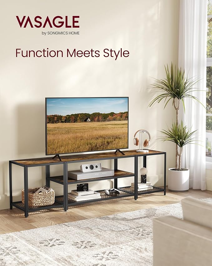 VASAGLE Modern TV Stand for TVs up to 75 Inches, 3-Tier Entertainment Center, Industrial TV Console Table with Open Storage Shelves, for Living Room, Bedroom, Rustic Brown and Black ULTV098B01