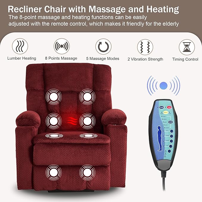 SALOHZA Power Lift Recliner Chair for Elderly with Massage and Heat for Living Room, Electric Recliner Chair for Adults with USB/Type C Port/Cup Holders, Velvet Fabric, Burgundy