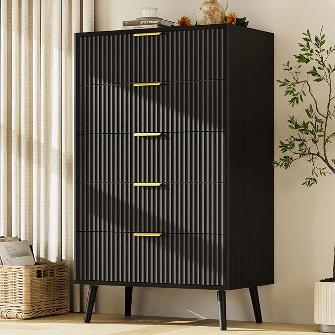 LYNSOM Fluted 5 Drawers Dresser, 45" Tall Modern Chest of Drawers with Curved Profile Design and Metal Handle, Wood Drawer Organizer for Bedroom, Living Room, Hallway, Entryway, Black