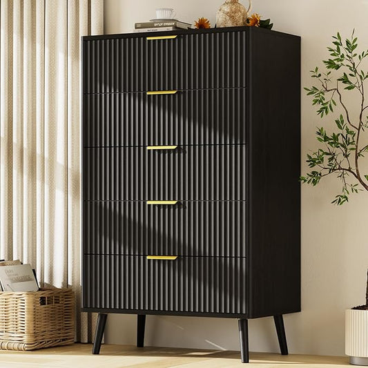 LYNSOM Fluted 5 Drawers Dresser, 45" Tall Modern Chest of Drawers with Curved Profile Design and Metal Handle, Wood Drawer Organizer for Bedroom, Living Room, Hallway, Entryway, Black
