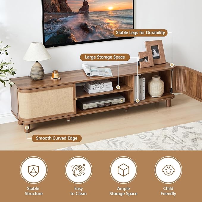 AVZEAR Curved Profile Farmhouse TV Stand for TVs Up to 70 Inches, Mid Century Modern Entertainment Center with Storage & Natural Linen Doors, Large Media Console for Living Room, Bedroom, Walnut