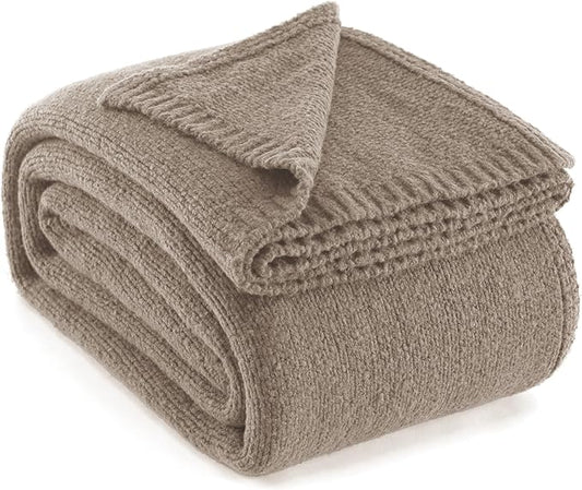 Carriediosa Wool Blend Knit Throw Blanket 50" X 60", 50% Recycled Polyester Soft Cable Knitted Fluffy Throws for Couch Lightweight Woven Blankets for Sofa Fuzzy Cozy Bed Cover, Taupe