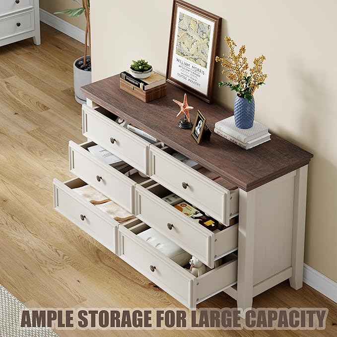 BLANKSPACE 6 Drawer Dresser, Modern Dresser for Bedroom, Wood Drawer Organizer with Metal Knobs, Large Capacity Cabinet for Bedroom, Antique White