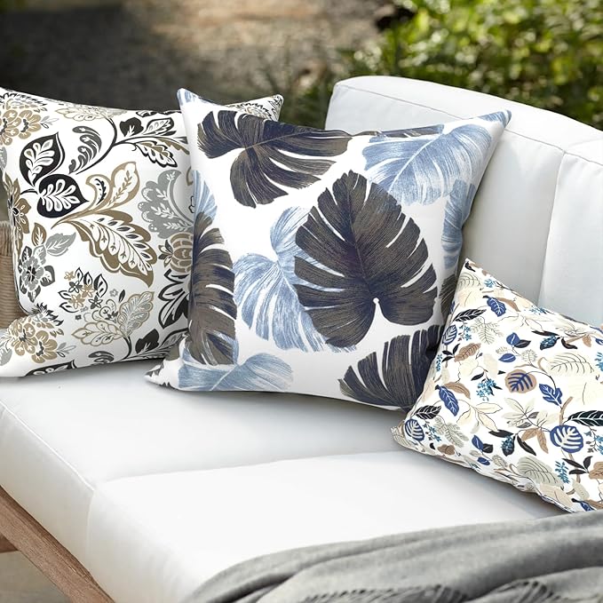 Pack of 2 Patio Throw Pillow Covers ONLY, Water Repellent Cushion Cases 20x20 Inch, Square Pillowcases for Outdoor Couch Decoration, Monstera Blue