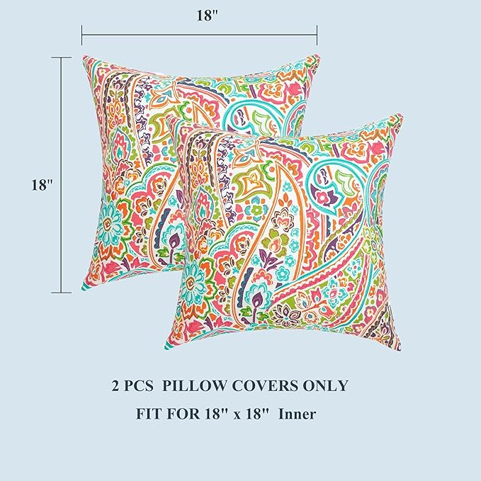 FUNHOME Outdoor Pillow Covers ONLY, No Insert! Pack of 2 Square Throw Pillow Covers, Decorative Water-Repellent Modern Cushion Cases for Sofa Patio Couch Decoration 18 x 18 Inch-Melora Paisley