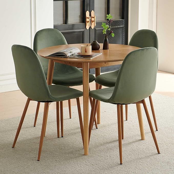 Small Oak Round Dining Table Set for 4, Modern 35'' Kitchen Coffee Table with 4 Green Velvet Dining Chairs for Dining Room Apartment