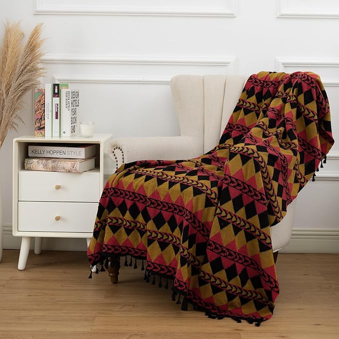 Gealaek Boho Throw Blanket Lightweight Soft Cozy Decorative Blankets for Sofa Bed Farmhouse Throw Blanket Aztec Blanket with Tassel Black Red Mustard Checkered 50" x 60"