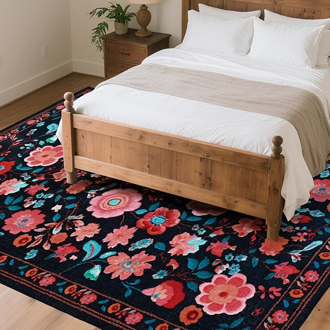 8x10 Area Rug for Living Room Clearance, Modern Washable Rug Non Slip Low Pile Floral Rugs for Living Room, Bedroom, Farmhouse, Dining Room, Kids Playroom, Black