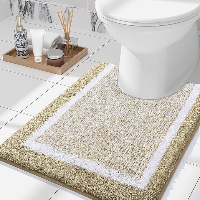 OLANLY Toilet Rugs U-Shaped 24x20, Extra Soft and Absorbent Microfiber Bathroom Rugs, Non-Slip, Machine Wash Dry, Plush Shaggy Contour Bath Mats for Toilet Base (Beige and White)