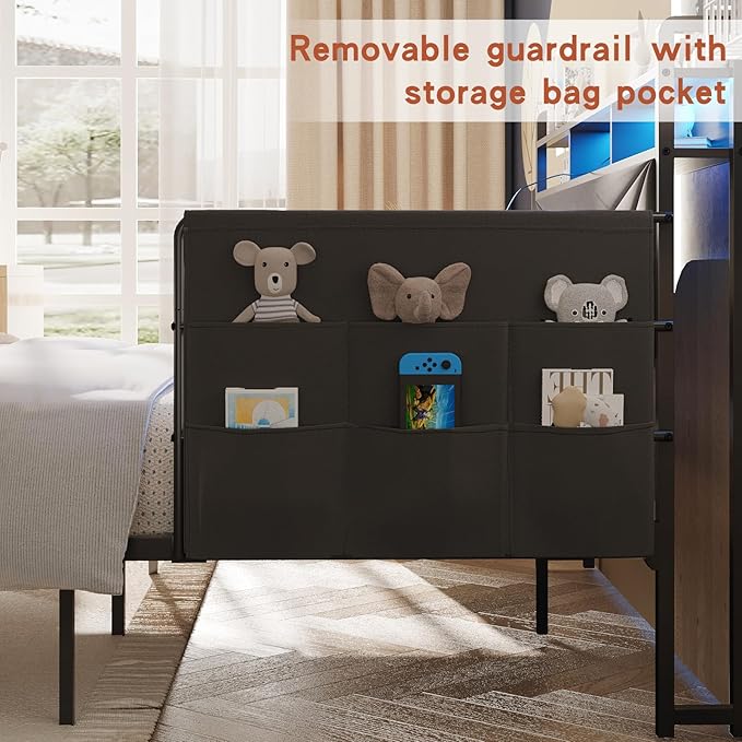 Maupvit Full Bed Frame with Storage Headboard and Drawer,Upholstered Platform Bed Frame with LED Lights & Charging Station,Full Size Bed with Guardrail,No Box Spring Needed,Grey