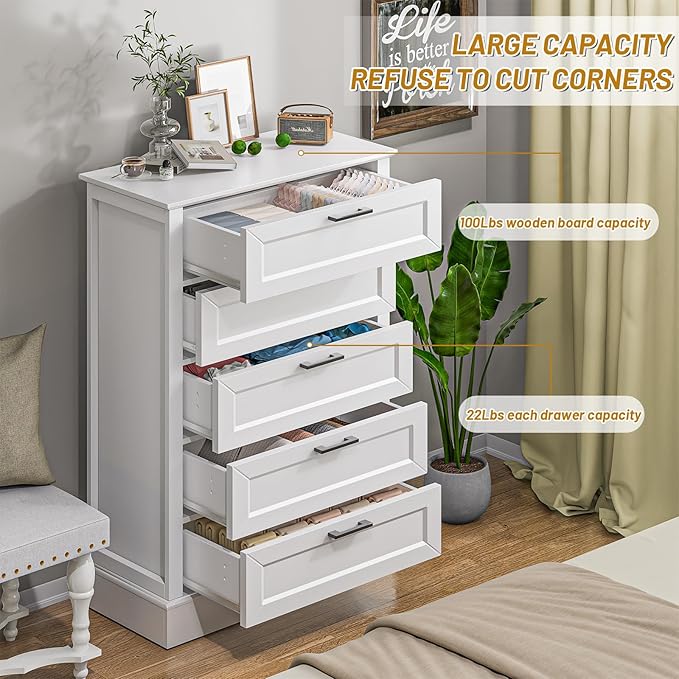 White Dresser for Bedroom, Wood Dresser with 5 Drawers, Chest of Drawer for Bedroom Living Room Entryway Hallway, Modern Farmhouse Style Black Handles 47" Tall