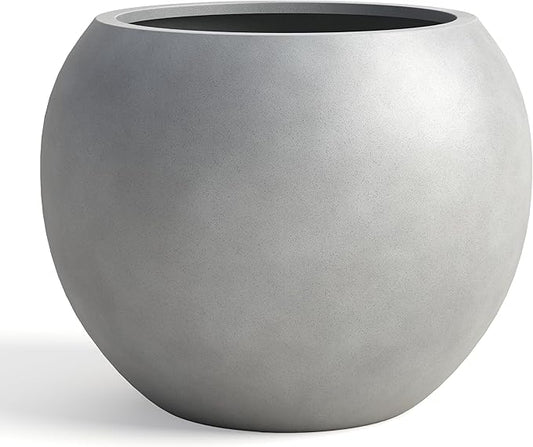DTY Signature Mount Sherman Modern Indoor Outdoor Fiberstone Sphere Planter, Durable Round Garden Pot, Weather Resistant, Drainage Hole & Rubber Plug, Planter for Christmas Tree - Large, Gray