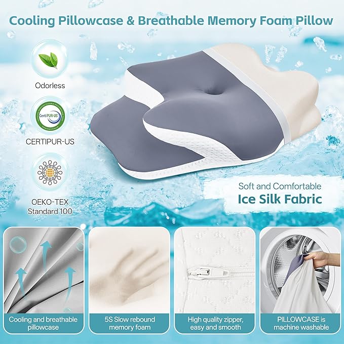 Cervical Neck Pillow for Neck Pain Relief & Support - Cooling Ergonomic Memory Foam Pillow with Dual-Height Contour & Ice Silk Cover for Side, Back, Stomach Sleepers,Grey