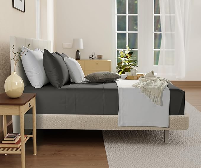 100% Organic Cotton Twin Sheets Set, 300TC Sateen Weave 3 PC Twin Bed Sheets, Fully Elasticated Sheet & Pillowcase Sets, Soft & Comfy No Lint Machine Washable Grey Sheet, Fade Resistant – Charcoal