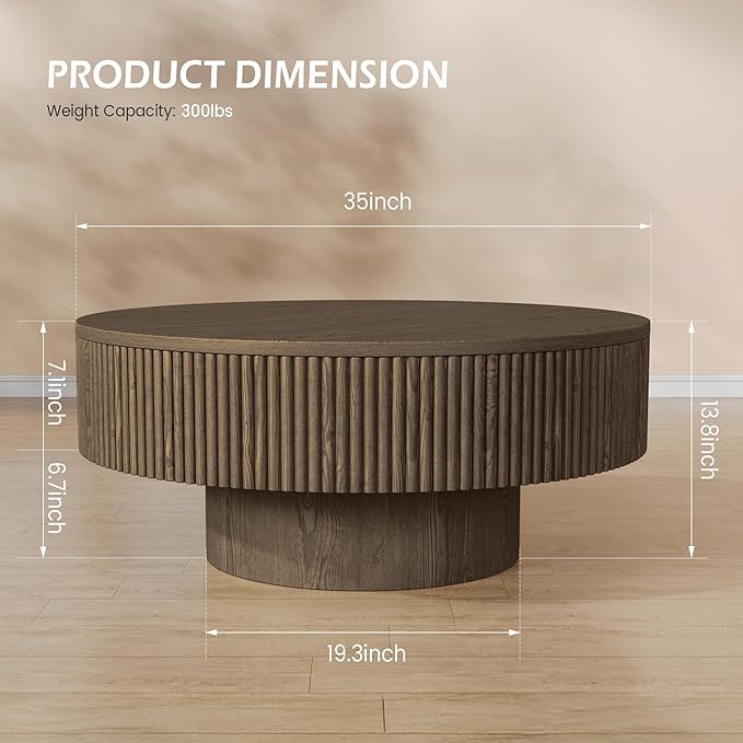 35” Round Fluted Coffee Table, Modern Wood Circle Coffee Table, Veneer Handcrafted Relief Tea Table with Sturdy Pedestal for Living Room, Easy Assembly - Brown