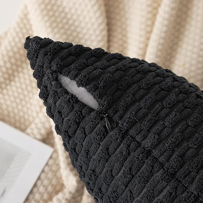 Kevin Textile Pack of 2 Corduroy Decorative Throw Pillow Covers 24x24 Inch Soft Boho Striped Pillow Covers Modern Farmhouse Home Decor for Spring Sofa Living Room Couch Bed Black