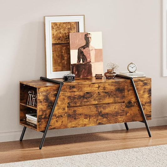 GarveeHome TV Stand for 47 Inch TV, Entertainment Center with 2 Drawers, Adjustable Shelves, U-Shaped Metal Legs, Farmhouse Wooden TV Console for Living Room, Bedroom, Amber Oak