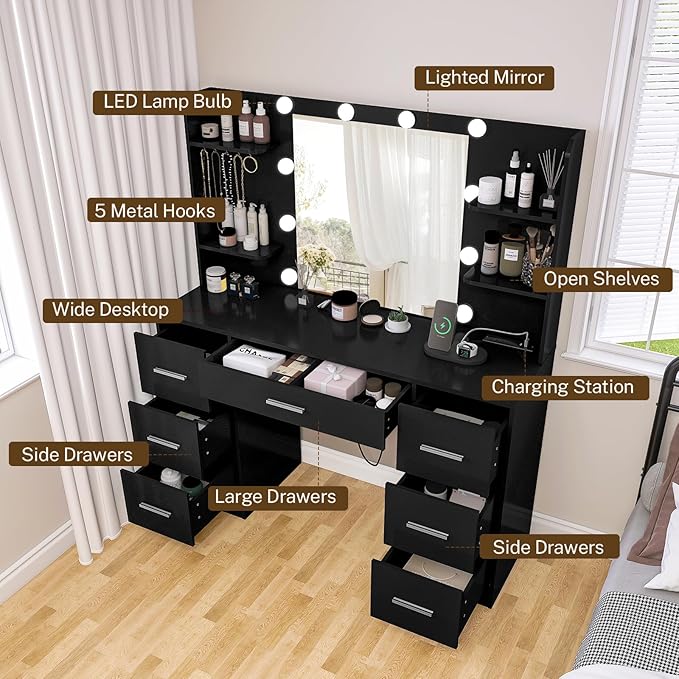 Large Makeup Vanity, 42.1" Vanity Desk with Mirror and Lights, Makeup Vanity Table with 7 Drawers, 4 Shelves, 5 Jewel Hooks & Power Strip, Vanity Desk Set for Bedroom, White